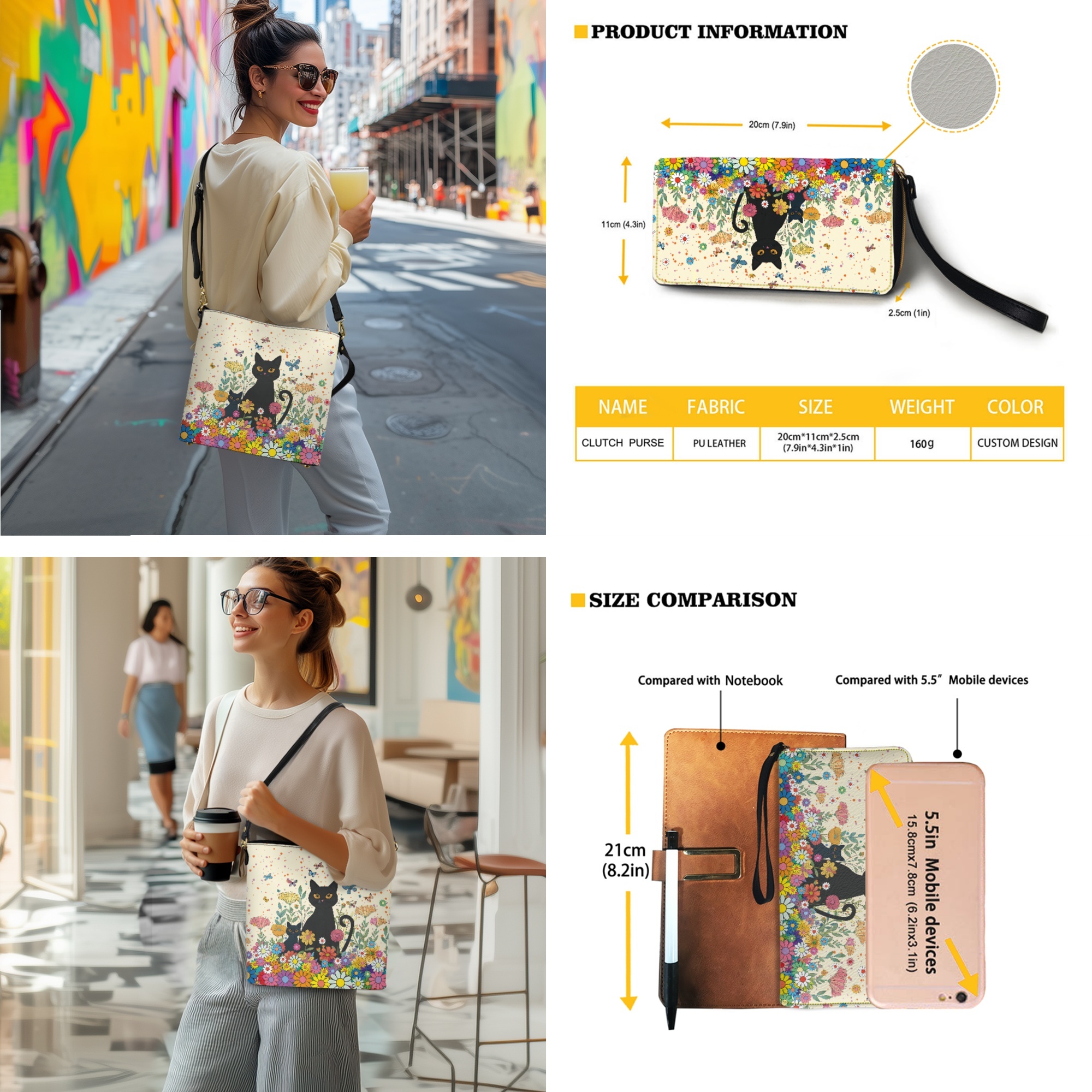 ZUXONGSY Black Cat Daisy Flower Butterfly Print Top-Handle Handbags with Purse for Women Large Crossbody Hobo Bag with Wallet Set Fashion Bucket Crossbody Bag Set for Shopping