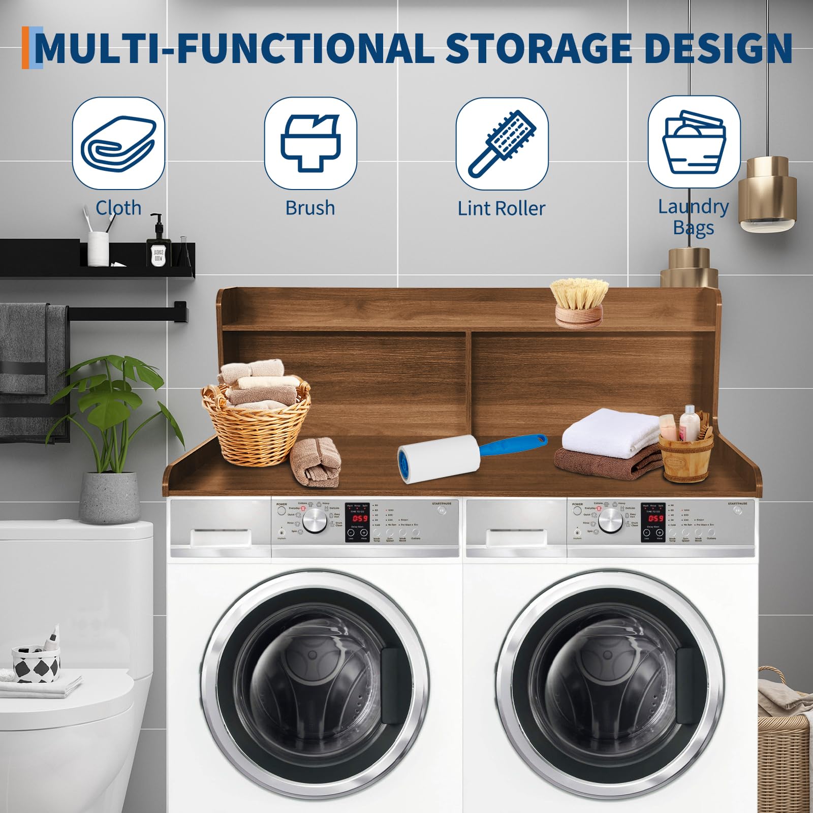 Huisuilinss 2-Tier Washer Dryer Countertop,Waterproof Washer Dryer Cover,Wood Laundry Countertop Cover With Edge Rails,Anti-Slip Pads,Laundry Topper For Folding Clothes Over Washer And Dryer