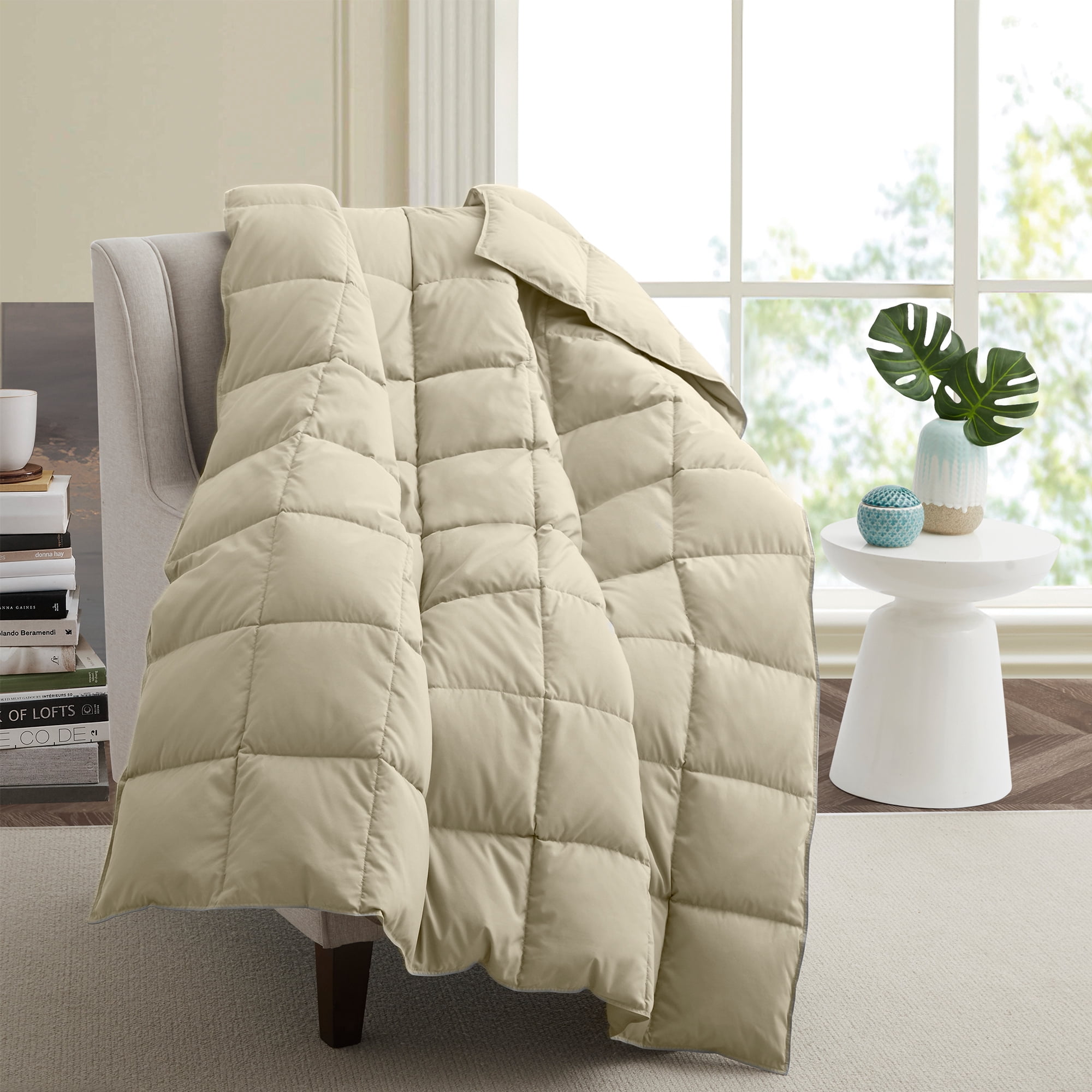 Unikome lightweight Throw Blankets for Couch, Soft Peach Skin Fabric Down and Feather Fiber Throw for Bedroom Sofa, All Season Winter Comfortable Reversible Blanket,Khaki, 50x70"