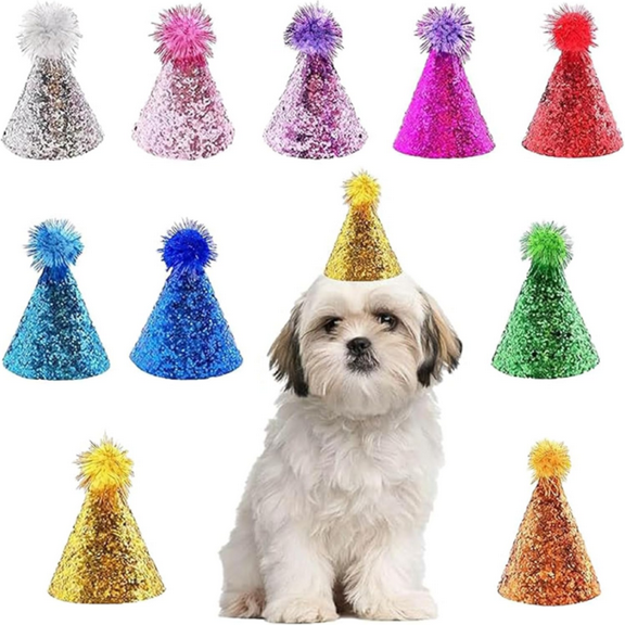 Dog Birthday Hat Set for Small Medium Dogs Cat Puppies, Mini Party Hat with Adjustable Headbands, Cute Pet Hat with Pompons for Birthday Christmas Party Decoration Accessories (Small 3 inch 10pcs)