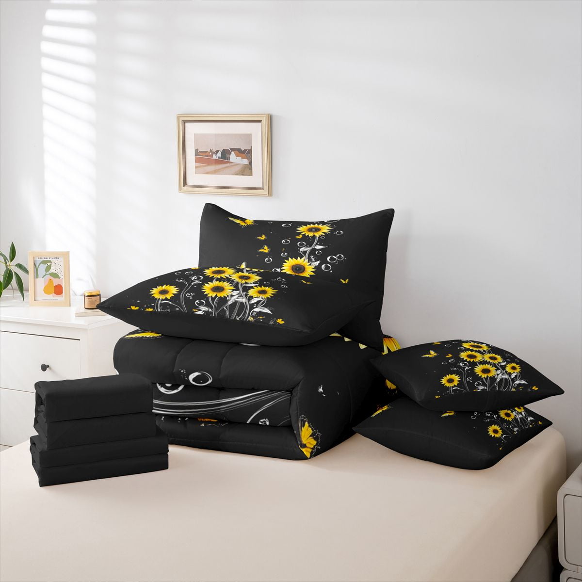 Homewish Country Sunflower Flower 7-Piece Bedding Comforter Set,Cute Cartoon Butterfly King Bedding Sets,Yellow Black Bed Sheets For Girls Kids,Breathable Home Decor Reversible