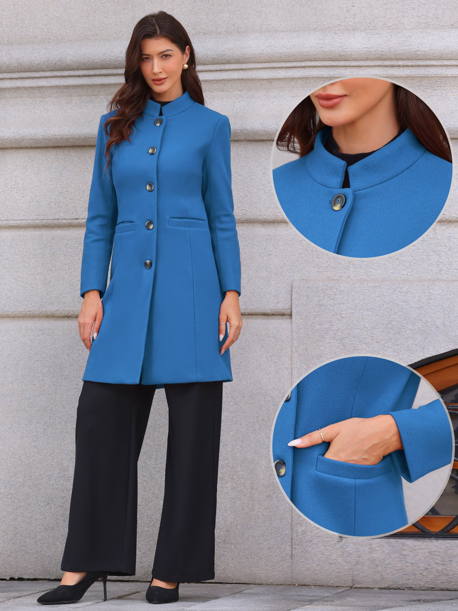 DARING DIVA Women's Stand Collar Mid-Length Overcoat with Pockets S Blue