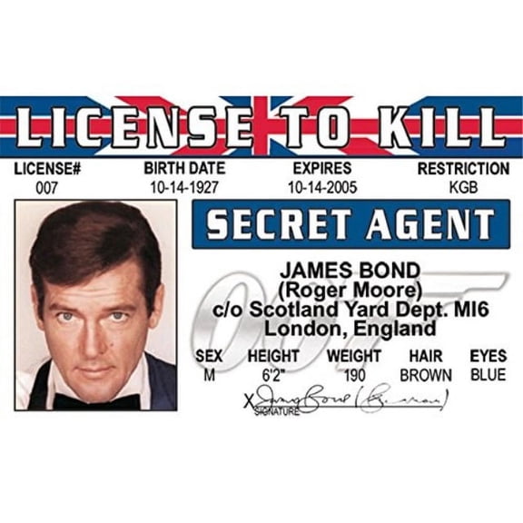 Signs 4 Fun NJBID2 Roger Moore's Driver's License