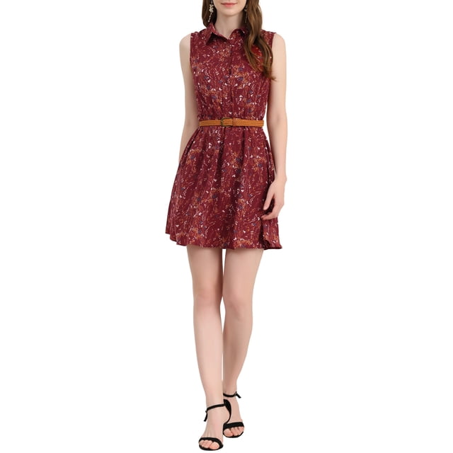 INSPIRE CHIC Robe Sans Manches à Imprimé Floral pour Femme, Demi-Patte de Boutonnage, Longueur Genou, Ceinturée, Printemps, S Rouge Foncé