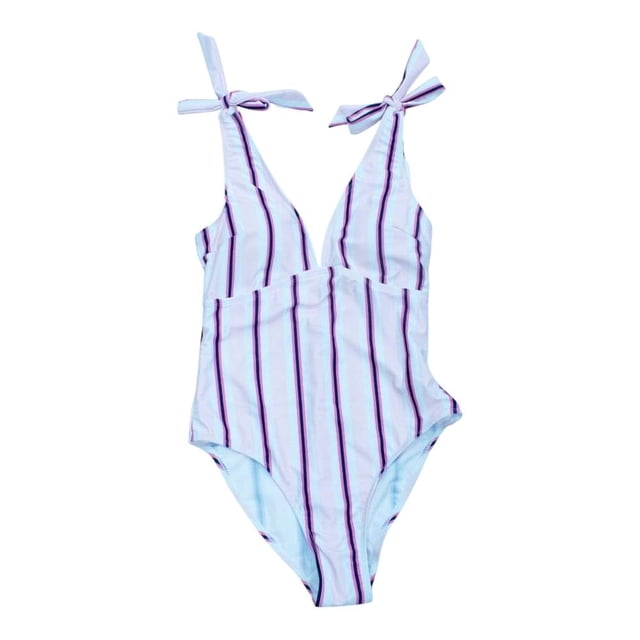 Traje de Baño Ocean Pacific para Mujer Completo con Nudo en Tirante, Cuello V, Estampado a Rayas Multicolor Talla CH