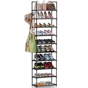 10 Tier Metal Shoes Rack, Bug Hull Narrow Stackable Shoes Shelf with Hooks, Shoe Tower for 20-24 Pairs Shoe and Boots Organizer, Black