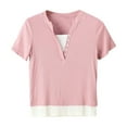 thumbnail image 2 of Wiyuqeen Cute Fake Two Piece Pink T-shirts Soft Trendy Half Button Down V Neck Shirts Casual Summer Short Sleeve Blouses Tees Petite Ladies Going Out Tops, 2 of 4