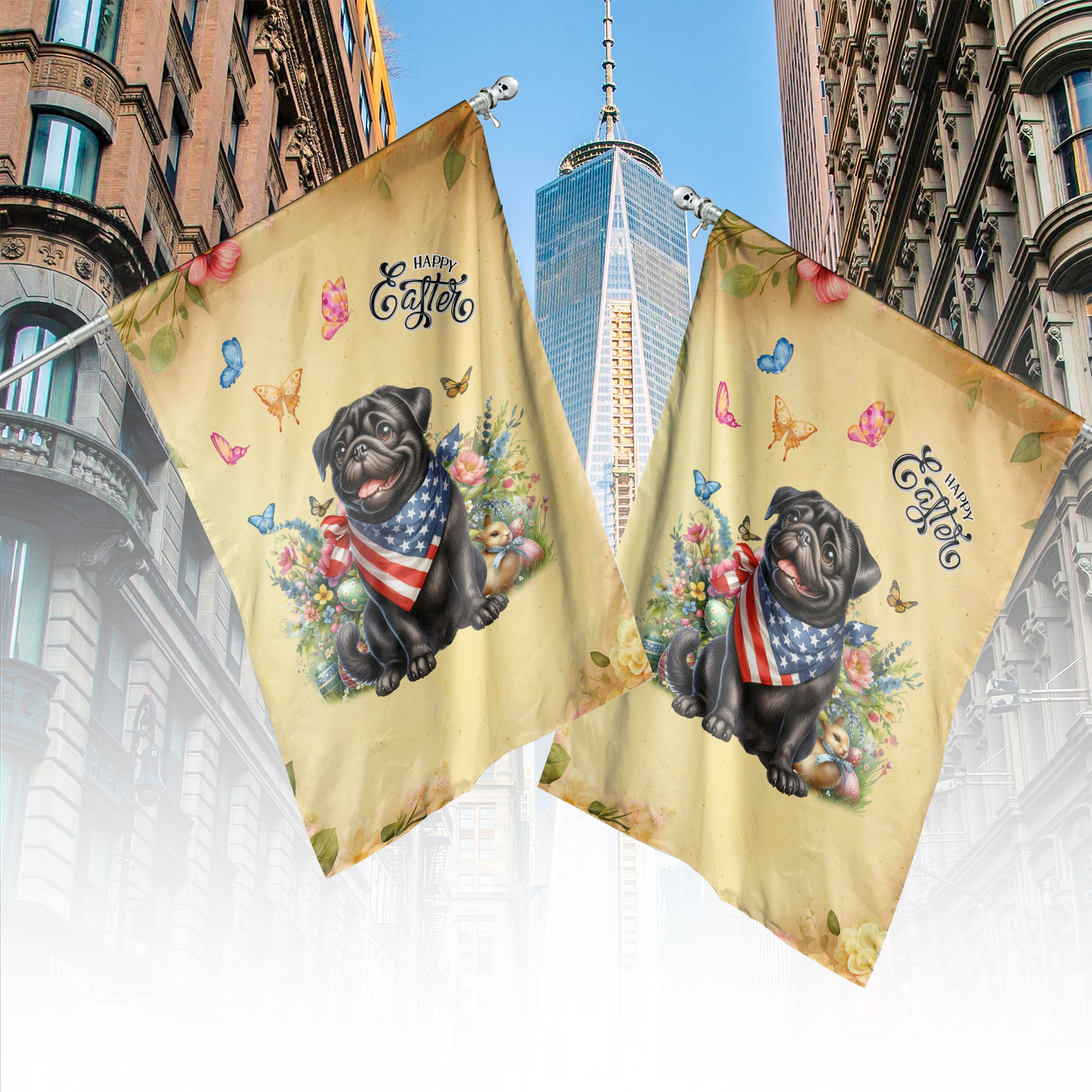 Pug Celebrates Spring and Enjoys a Happy Easter House Flag 28x40in Double Sided Dog Lover Gifts Outdoor Decor - 02001