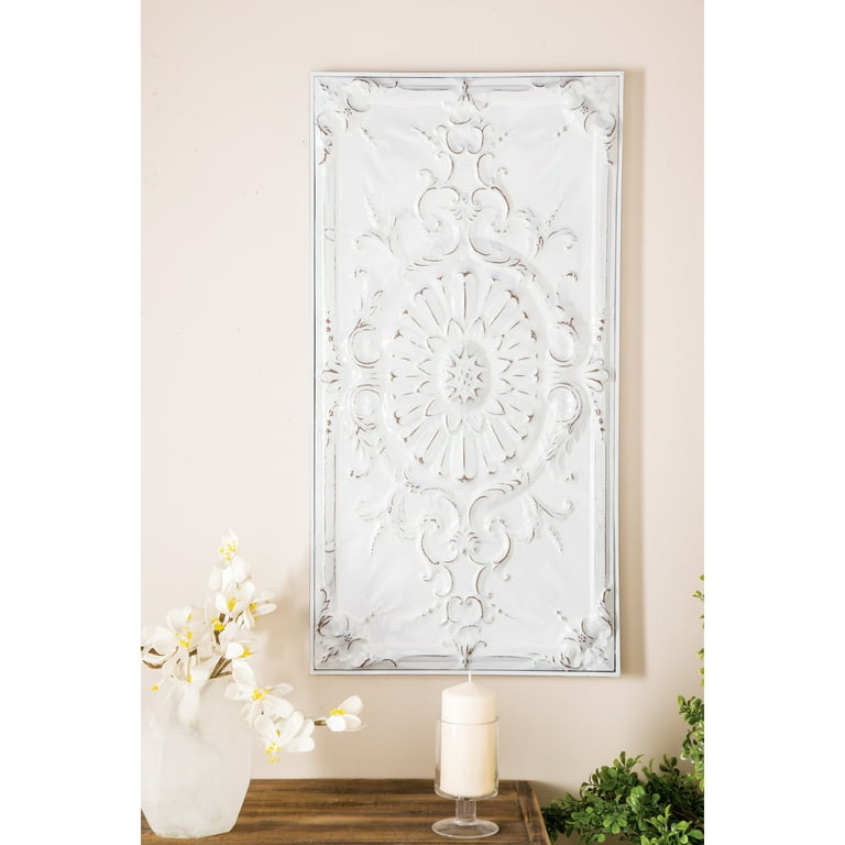DecMode White Metal Scroll Wall Decor with Embossed Details