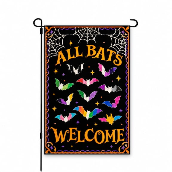 Colorful Bats Welcome Garden Flag - 12x18 Inch Halloween Outdoor Decor for Yard, Lawn, or Porch, Featuring Spider Webs and Stars, Perfect for Autumn Display