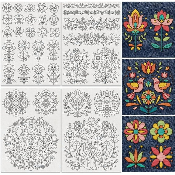35Pcs Flower Folk Art Water Soluble Hand Sewing Stabilizers 8.3"x11.7" Abstract Folk Flowers Embroidery Pattern Stabilizer 4 Sheets Vine Stick and Stitch Embroidery Paper Sticker