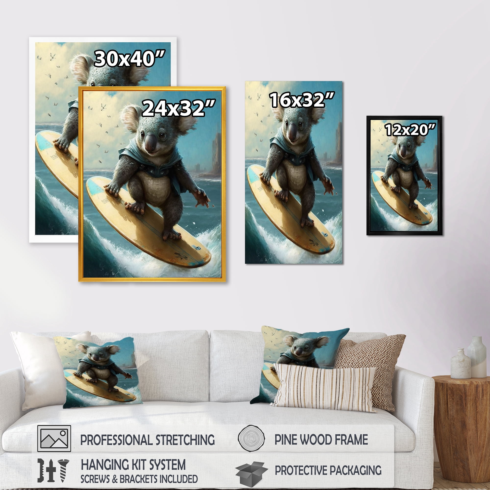 Designart Koala Surfing I Canvas Wall Art