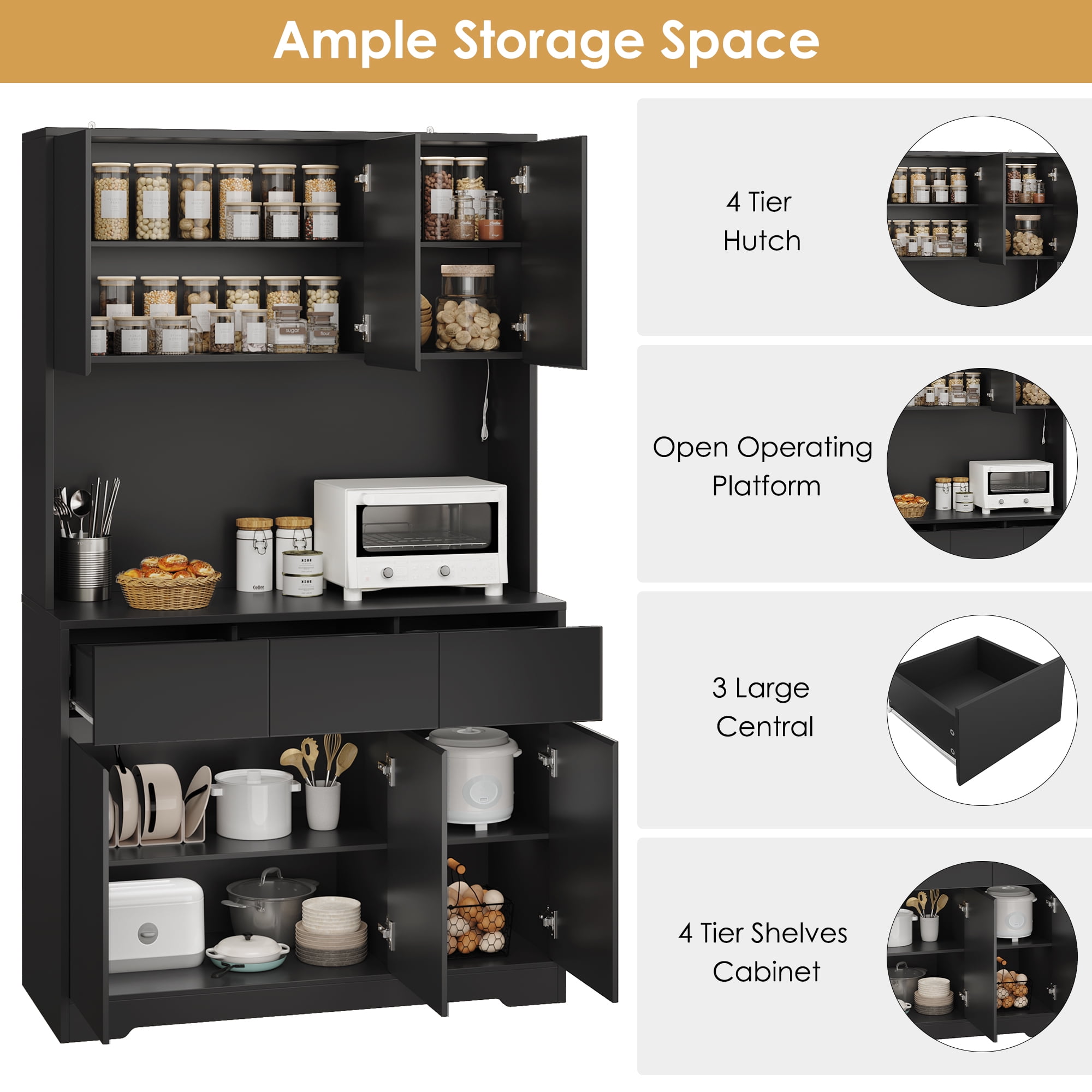 Homfa 70.9'' Tall Kitchen Pantry Cabinet with Charge Station & Led Light, 3 Drawer Storage Cabinet with Adjustable Shelves, Black