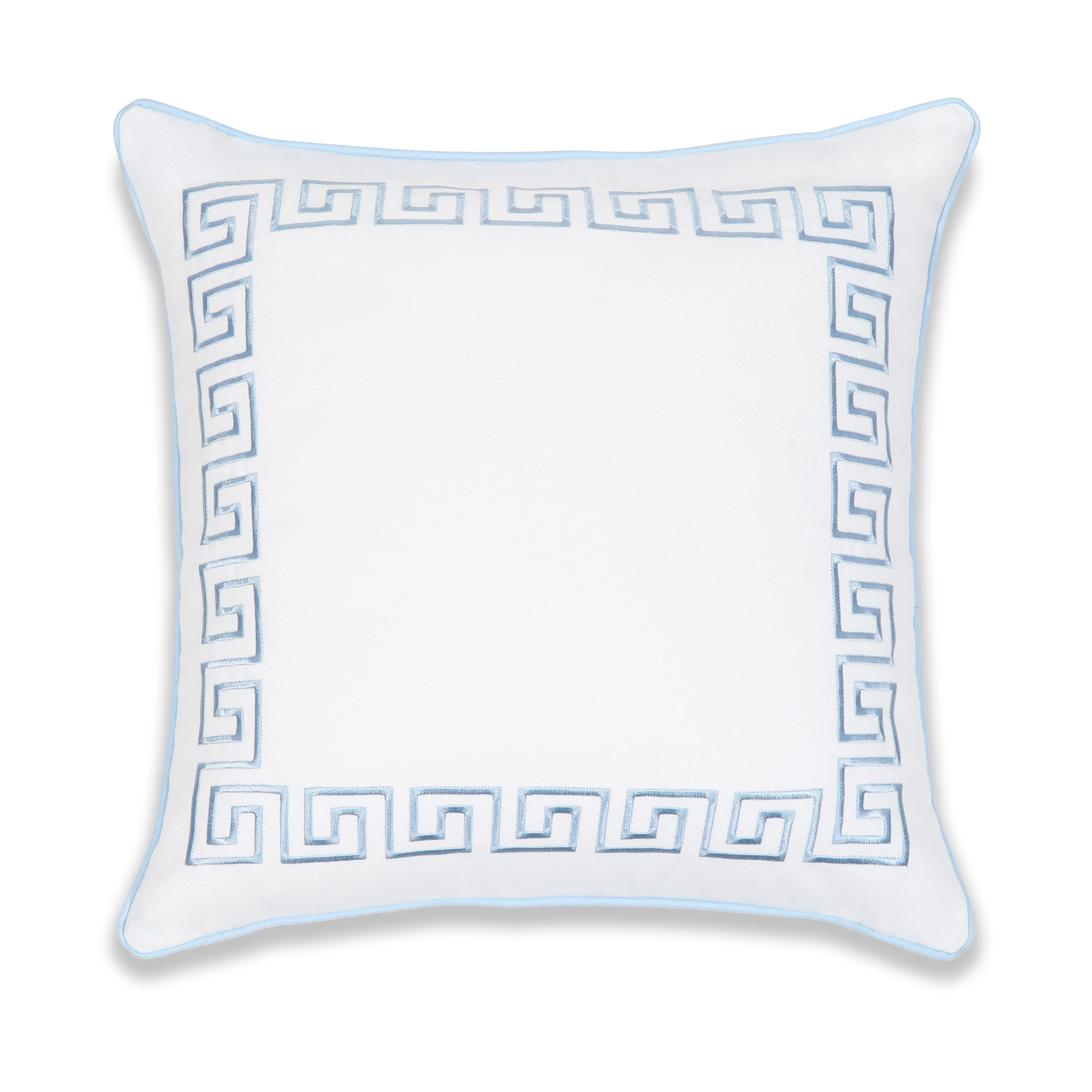 Hofdeco Premium Coastal Patio Indoor Outdoor Throw Pillow Cover Only, 20"x20" Water Repellent for Backyard, Couch, Baby Blue Embroidered Greek Key with Piping