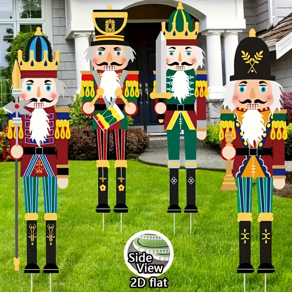 Christmas Nutcracker Yard Stakes, 4-Pack 2D Flat Outdoor Holiday Decorations, Waterproof Garden Lawn Signs for Xmas Porch & Yard Décor