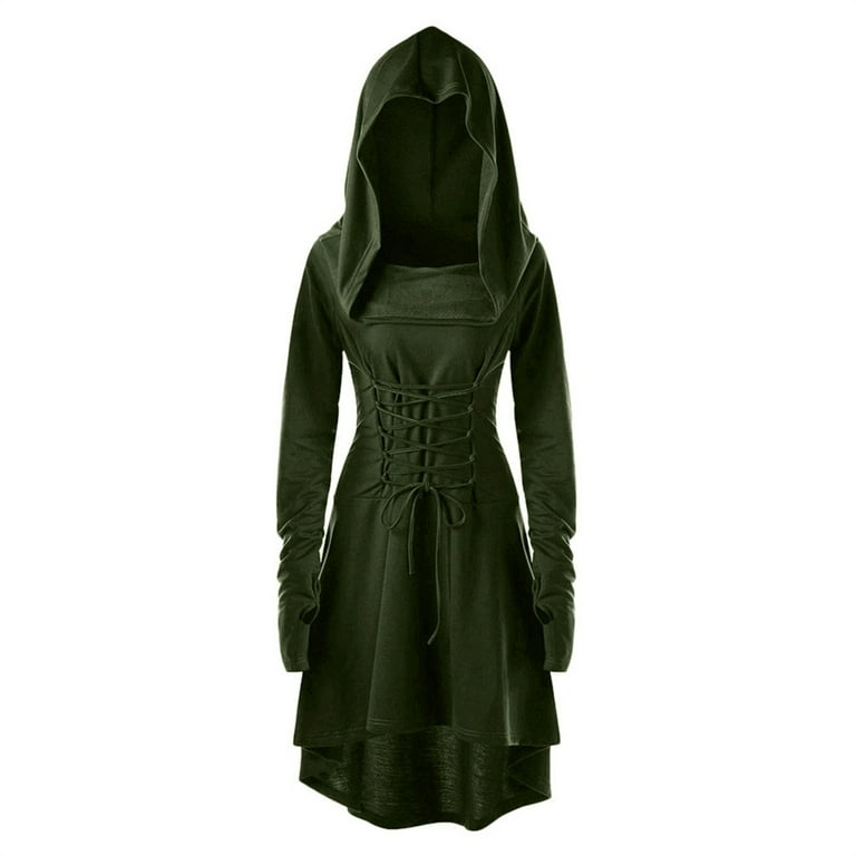 Women Dress Lace Up Hooded Vintage Pullover Dress High Low Bandage Long  Slim Dress Cloak