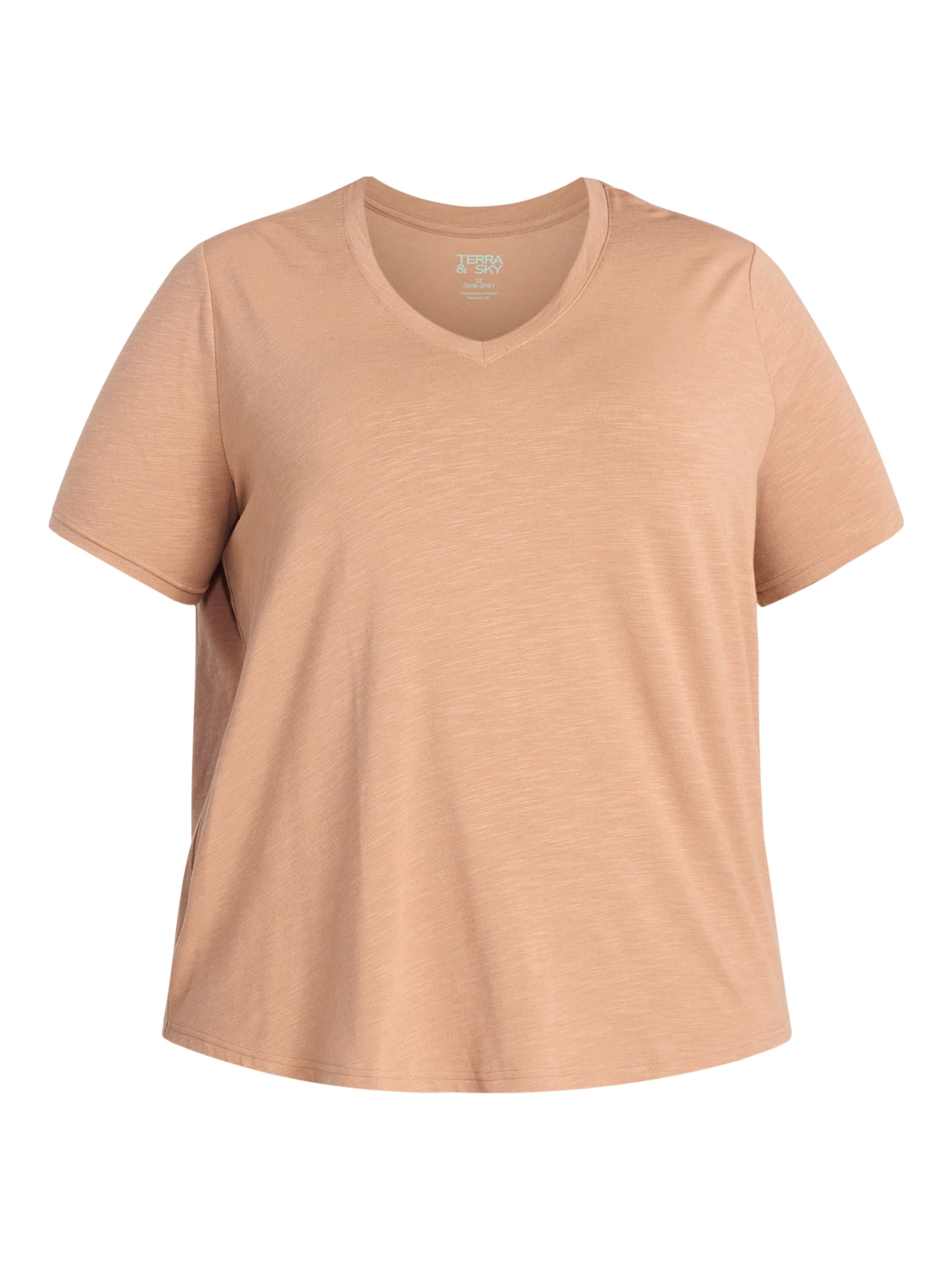 Terra & Sky Women's Plus Size V-Neck Tee with Short Sleeves, Size 0X-5X