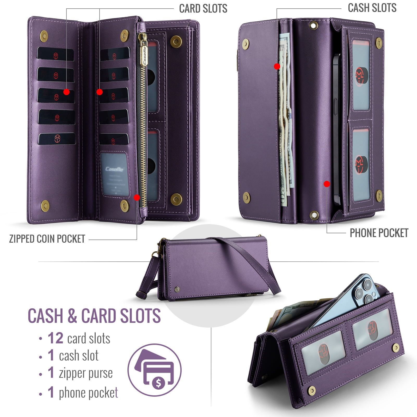 ELEHOLD Phone Bag Wallets for Women Girls,Luxury PU Leather Wallet Bag Crossbody Handbag with Phone Pocket Zipper Pocket Large Capacity Credit Card Holders Wriststrap Shoulder Strap,Purple