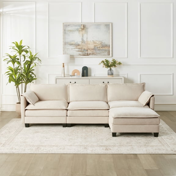 Noble House 107" L-Shaped Cloud Sofa, Cotton-Linen Velvet Sectional with Storage, Living Room, Modular 3-Seat, Beige