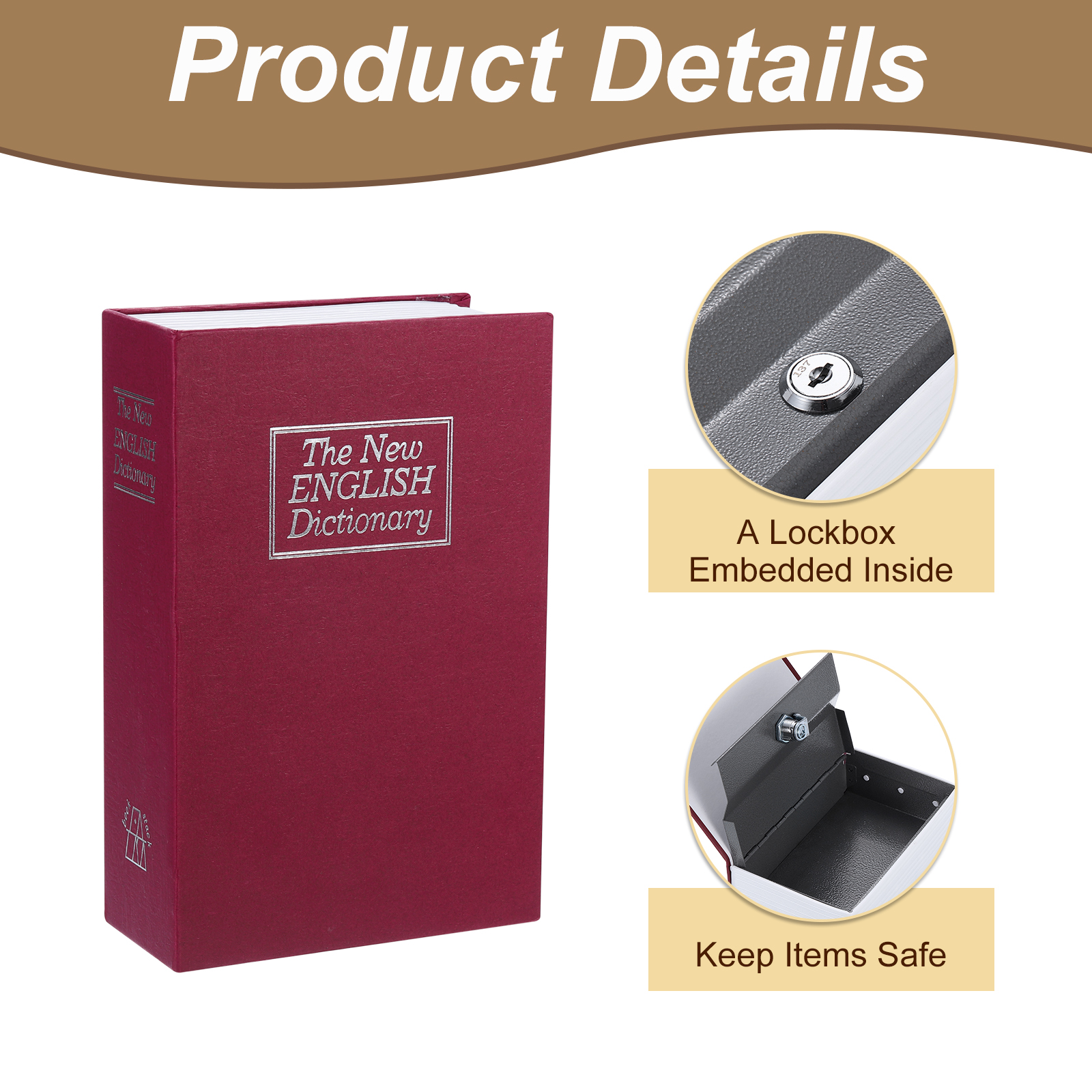 Uxcell Iron Plastic Paper Diversion Book Safe Hidden Storage Box with Key Lock Red 7.09" x 4.53" x 2.17"