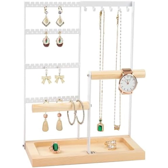 Jewelry Organizer Stand, Jewelry Holder, Lengnoy 4 Tier Earring Holder with 48 Holes and 6 Hooks Necklace Organizer Wood Box for Necklace Bracelet Earring Ring, White