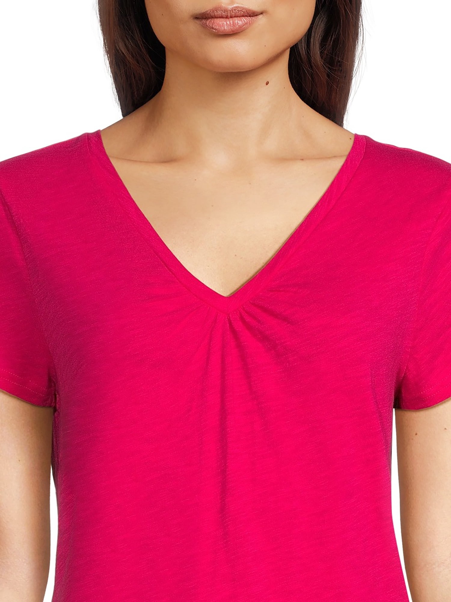 RealSize Women's Shirred V-Neck Tee with Short Sleeves, Sizes XS-3XL