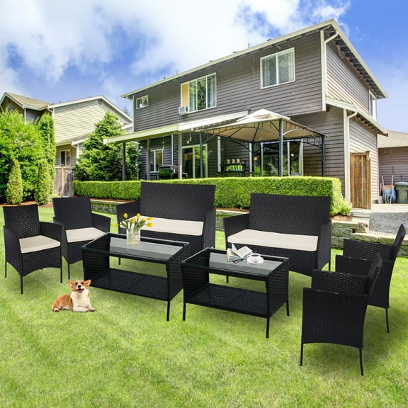 8 PCS Patio Rattan Conversation Furniture Set, Patio Rattan Sofa Set, Cushioned Seat & Glass Table, Patio Sofa Set, All-Weather Outdoor Rattan Set, Patio Rattan Sofa Set for Garden Porch Balcony, T206