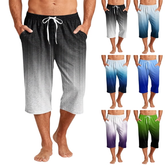 JoveMarine Men's Gradient Print Hawaiian Shorts with Drawstring, 7/8 Length Casual Shorts for Spring and Fall, Lightweight Beach Style Army Green L