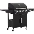 thumbnail image 1 of Outsunny 4+1 Burner Liquid Propane Gas Grill Outdoor Cabinet Style BBQ Trolley w/ Side Burner, Warming Rack, Side Shelf, Storage Cabinet, Thermometer, 4 Wheels, Carbon Steel, Black, 1 of 9
