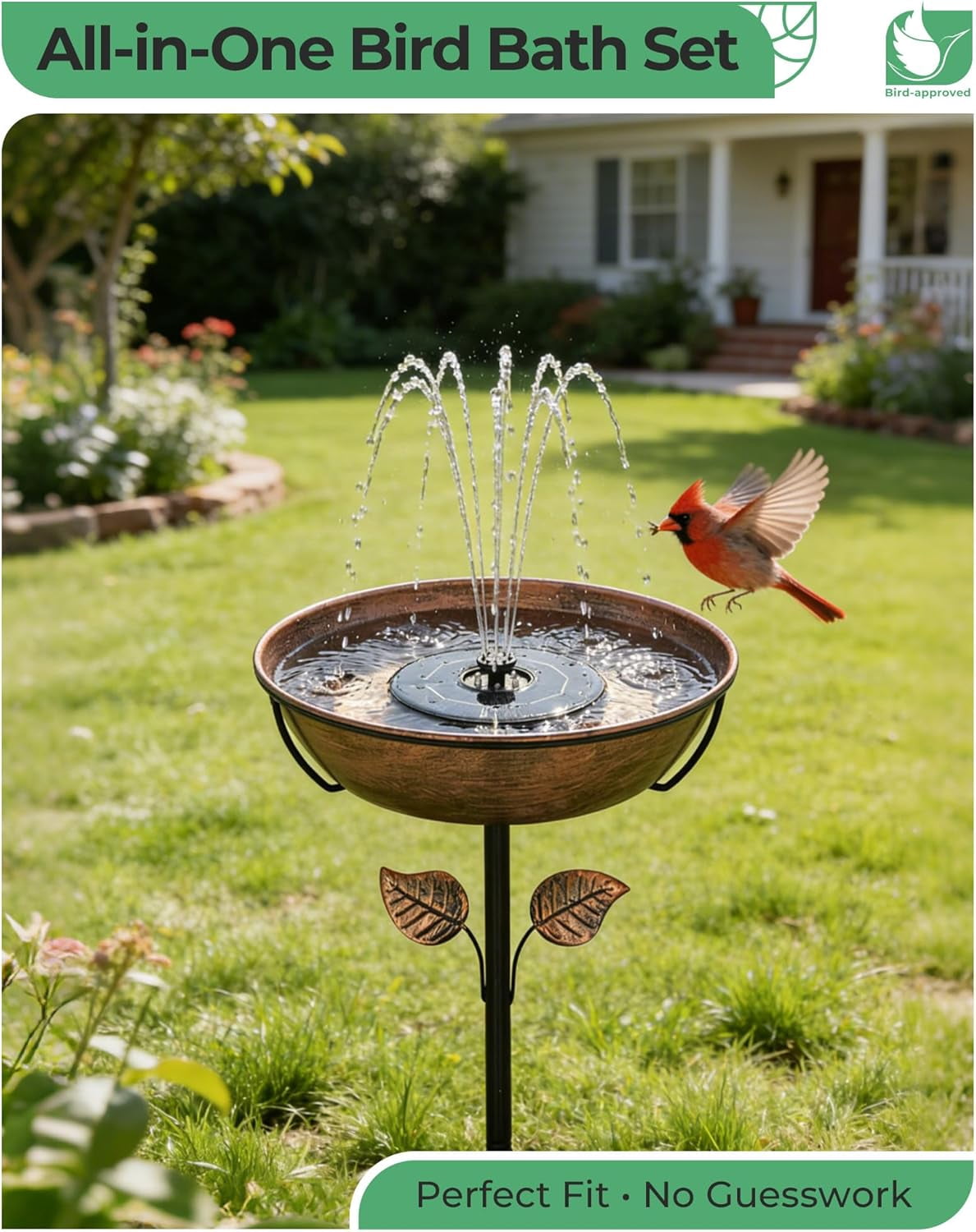 Metal Bird Bath with Solar Fountain - 13" Large Outdoor Birdbath Bowl + 6.3" Solar Pump with Battery & LED Lights | 1.4 Gallon Garden Bird Bath for Yard, Lawn, Patio, Flowing Water Feature