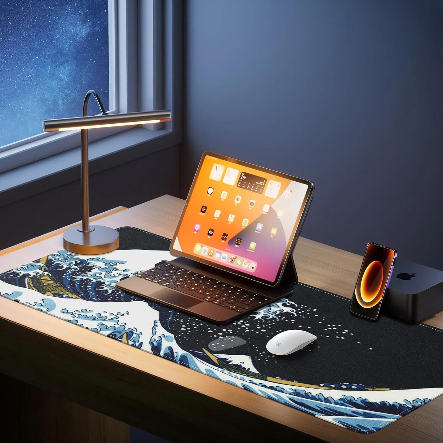 Felt Desk Mat, Japanese Sea Wave Large Mouse Pad, No Bad Smell Felt Mouse Pad with Stitched Edges, 3mm Thick 35.4x15.7 inch Felt Desk Pad Mat, Black Mouse Pad for Gaming Work, Blue