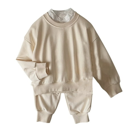 

Odeerbi Toddler Girls Cotton Sweatsuit Fashion Children Comfortable 2024 Casual Solid Color Round Neck Sweatshirts + Solid Color Pants Sets Khaki 130 CM