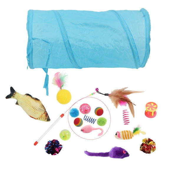 18 Pack Jouets pour Chats Ensemble Interactif Chat Saisissant Corde Tunnel Chat Teaser Baguette Teasing Stick Bell Ball Sisal Souris Poisson Simulé pour Chats d'intérieur Exercice