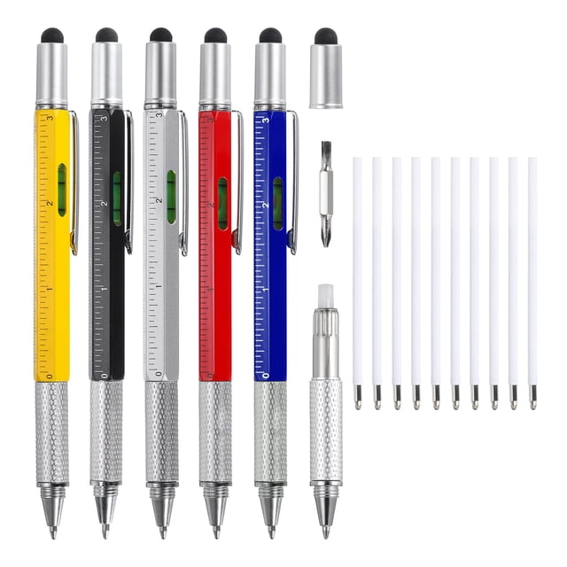 5pcs 6 en 1 Bolígrafo Multitool de Aluminio Regalos para Hombres con Bolígrafo, Regla, Destornillador, Lápiz Táctil, Recargas