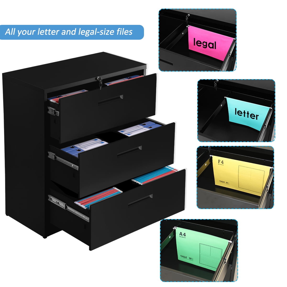Lateral File Cabinet 3 Drawers with Lock Heavy Duty Metal File Cabinets with Drawers Not Assembled Black 35.4L /×17.7W /×40.3H Black