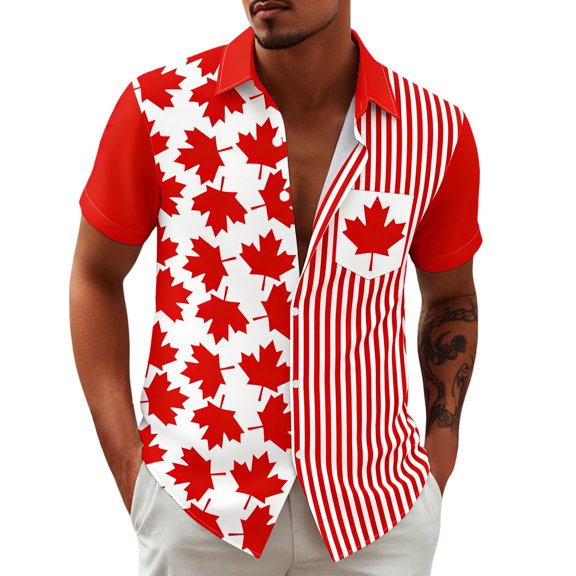 Casual Shirts for Mens Short Sleeve Stylish Print Comfort Breathable Fabric Holiday Top for Men,Red,L