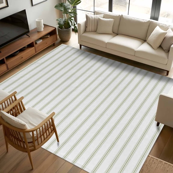 8x10 Area Rugs Sage Green Striped Non-Skid Rubber Backing Large Rectangle Rugs - Living Room Bedroom Home Office, Sage Green White Stripes Farmhouse Indoor Floor Mat Carpets Washable Rug