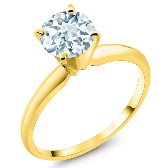 Gem Stone King 14K Yellow Gold Sky Blue Aquamarine Solitaire Engagement 4-Prong Ring for Women | 0.75 Cttw | Round 6MM | Gemstone March Birthstone (Size 5)