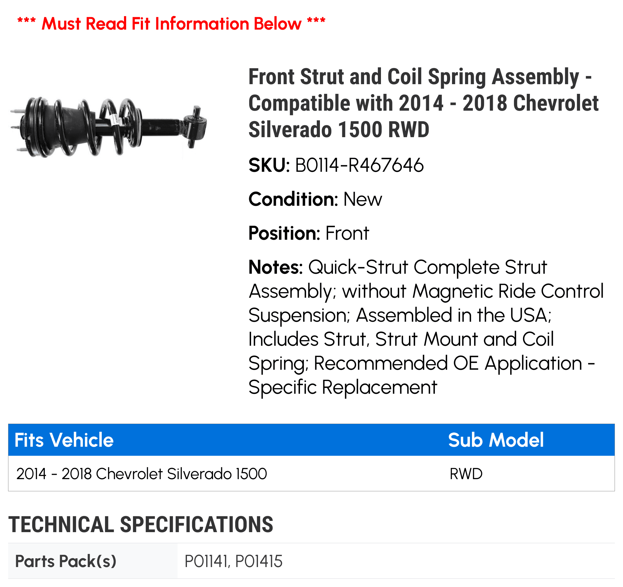 Front Strut and Coil Spring Assembly - Compatible with 2014 - 2018 Chevy Silverado 1500 RWD 2015 2016 2017