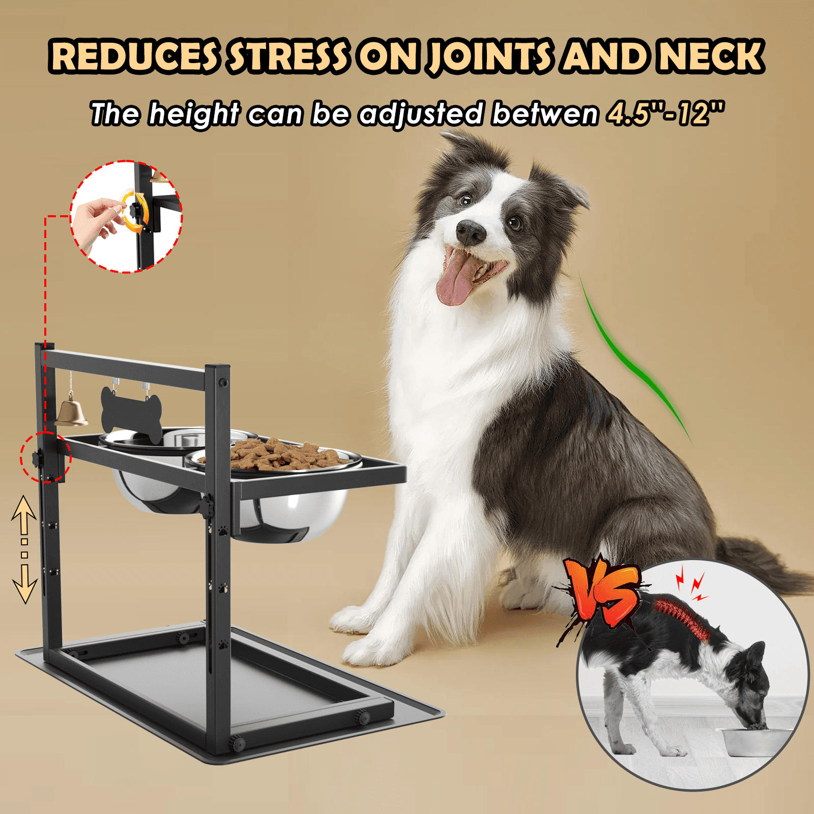 Adjustable Height Elevated Dog Bowls with Slow Feeder and two 1.7l (60oz) stainless steel bowls for Large Medium Dogs