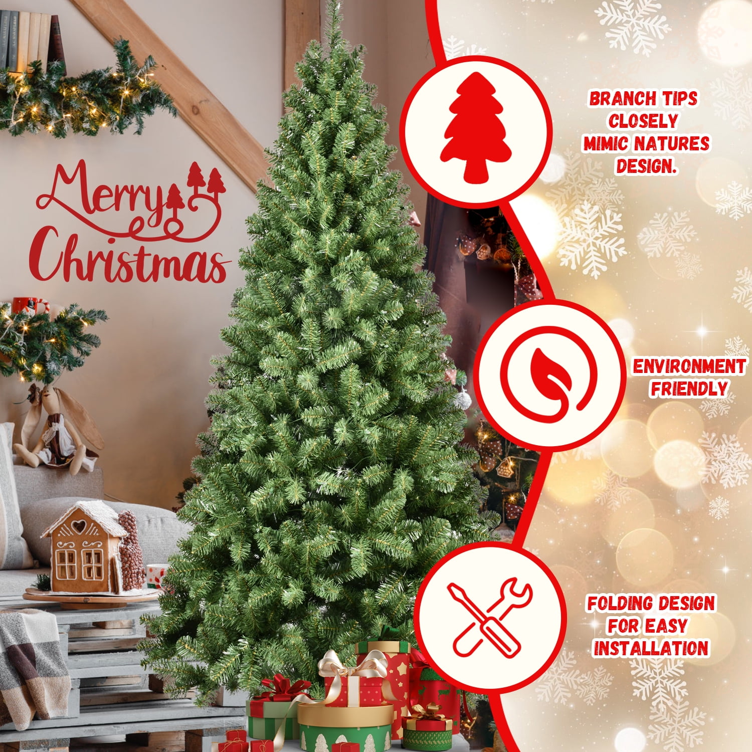 Euroco 7ft Pre-Lit PVC Christmas Tree with 400 UL Lights, 1072 Tips, Auto-Unfold Memory Wire, Easy Assembly with Stable Metal Stand – Full Artificial Holiday Tree