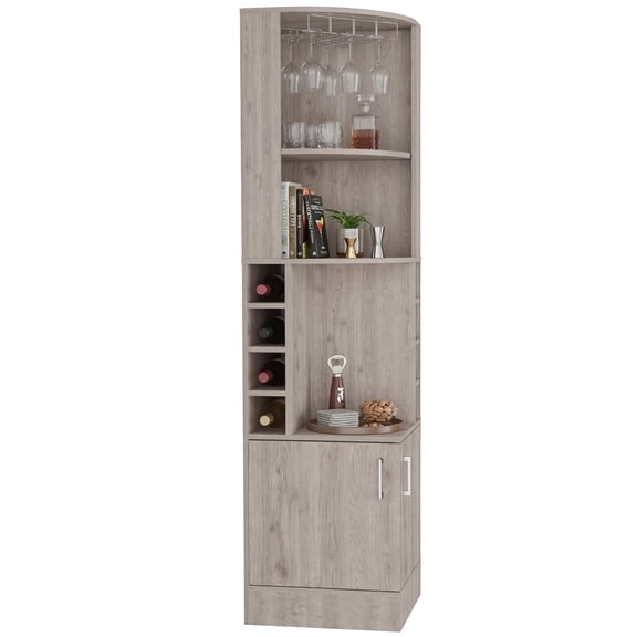 Syrah Corner Bar Cabinet, Eight Bottle Cubbies, Double Door, Two Open Shelves Light Gray