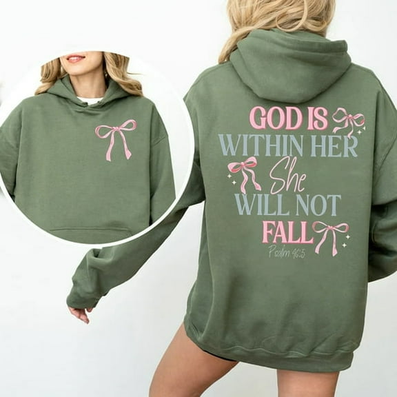 New God Is Within Her She Will Not Fall" Christian Hoodie - Psalm 46:5 Bible Verse Pullover with Pink Bow Design", DTG Print, Unisex Shirt