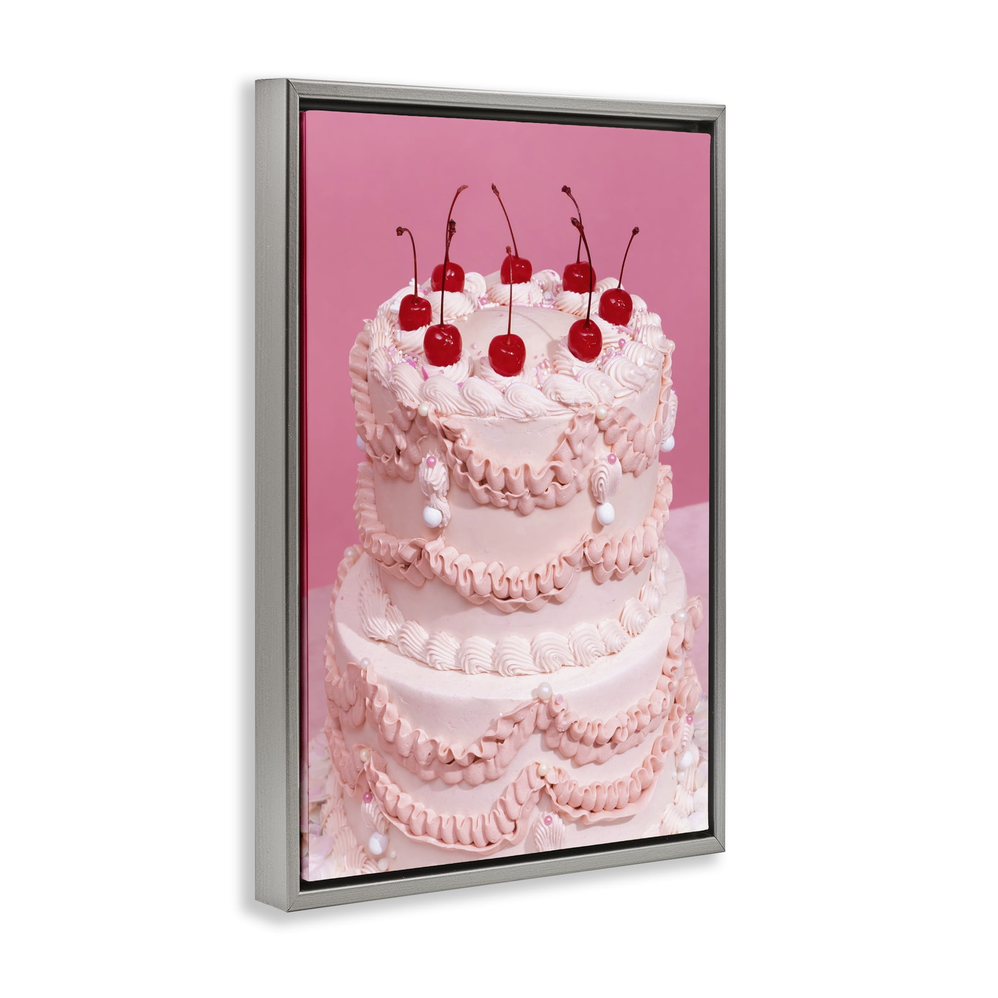 Stupell Industries Pink Cherries Cake Food & Beverage Painting Gray Floater Framed Art Print Wall Art, 17 x 25