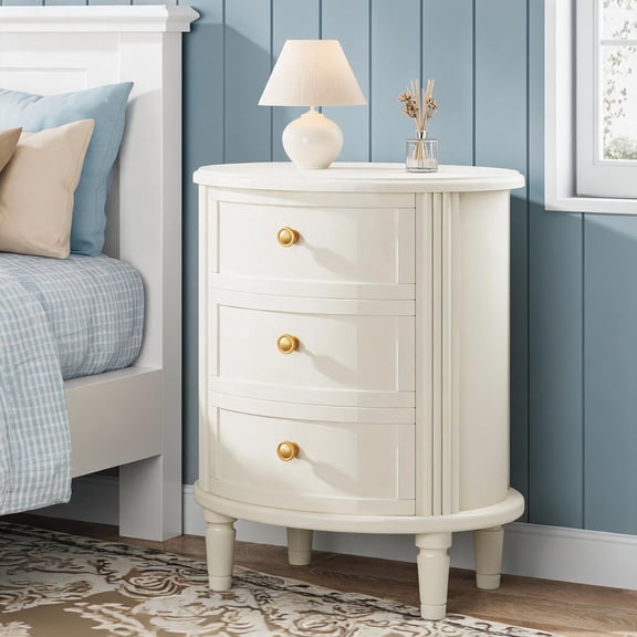 Fnova Oval Nightstand with 3 Drawers, Modern Bed Side Table with Storage, Wooden End Table with Solid Wood Legs, Fully Assembled, Beige White