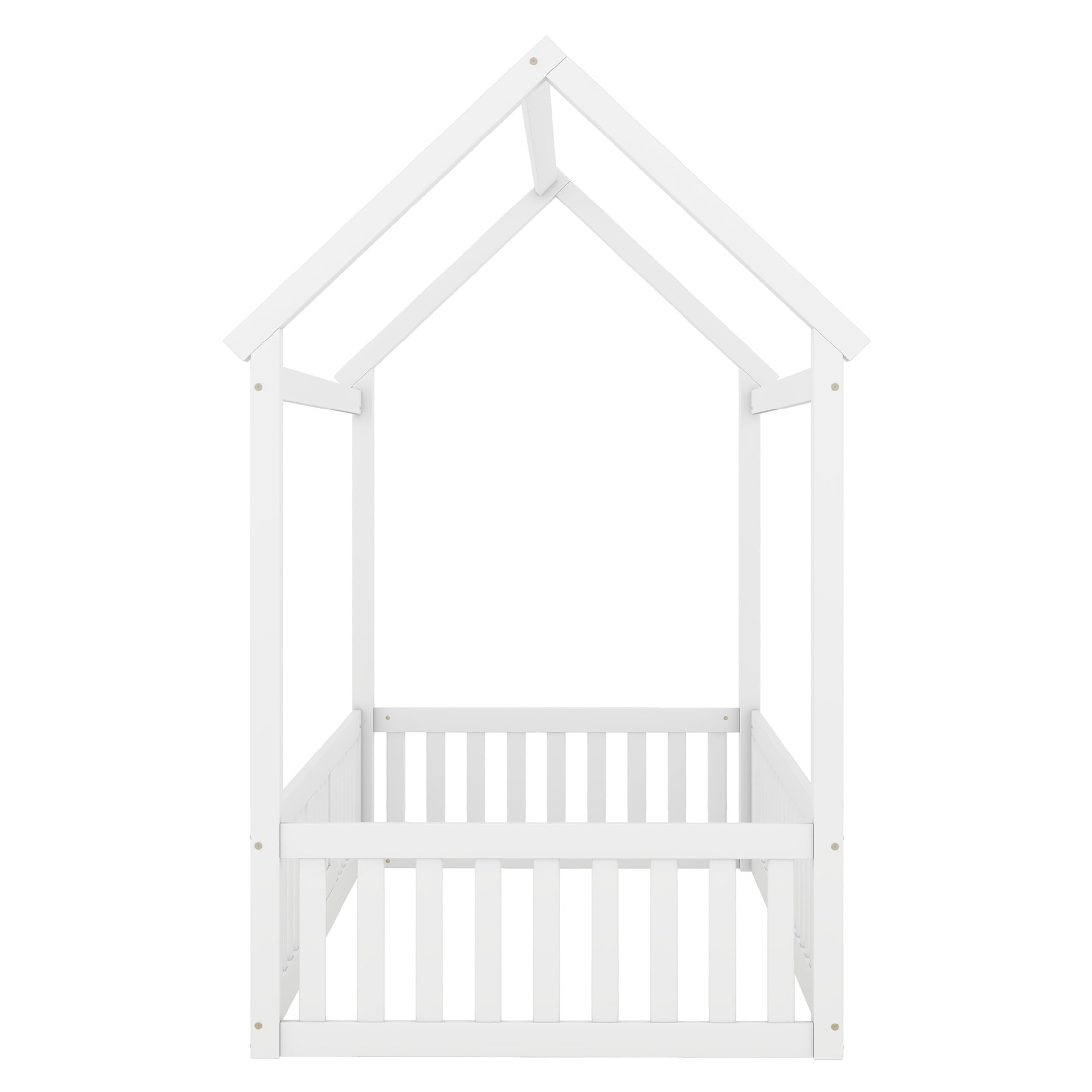Noble House Solri Twin Size Wood House Bed with Fence and Door, Whimsical Play Bed with Sky Roof, White