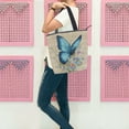 thumbnail image 6 of Zipper canvas bag large capacity large size practical handbag durable Canvas with leather material Blue Butterfly and Music Notes, 6 of 7