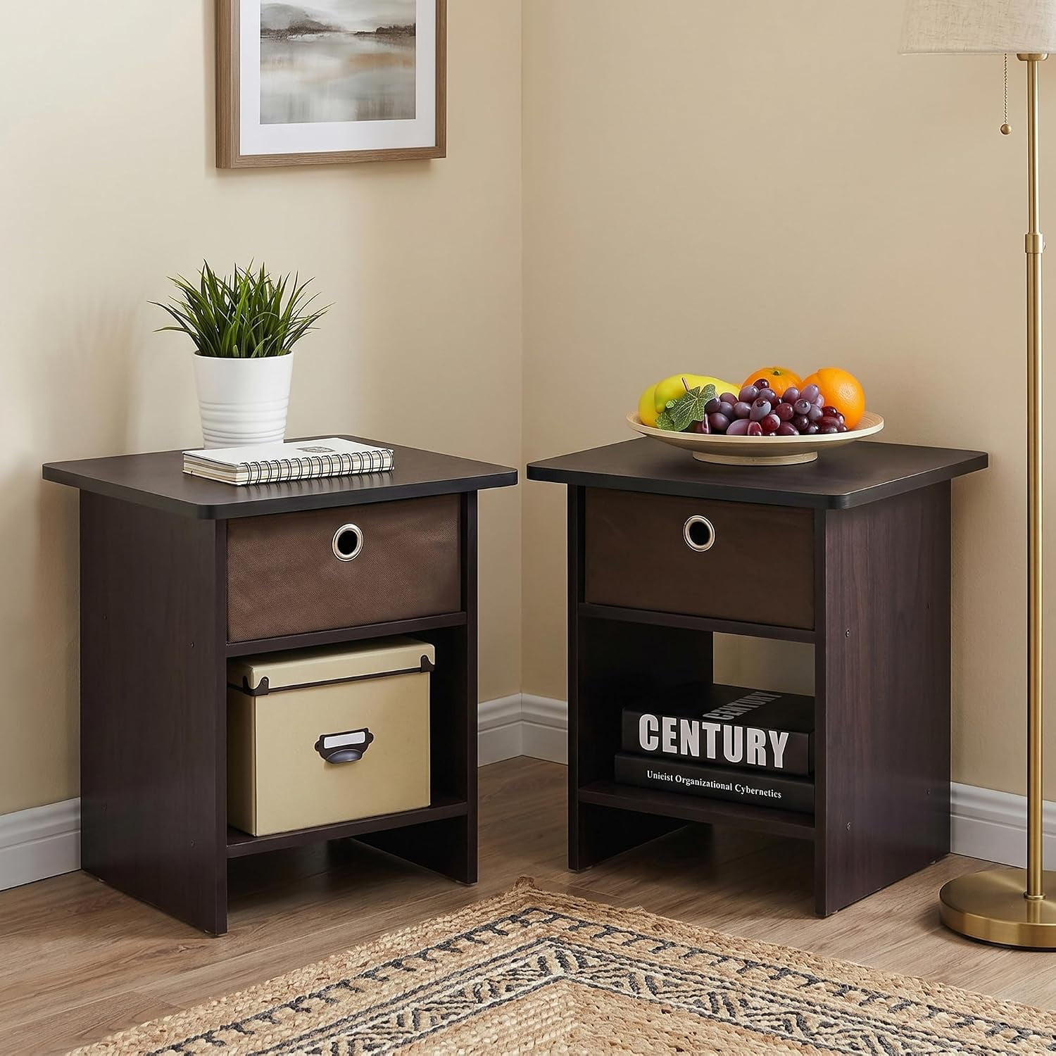 Set of 2 Square End Table with Storage Bin Bedside Table with Open Back Shelf RounDecorner Night Stand Side Table for Bedroom Living Room Dark Walnut