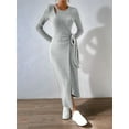 thumbnail image 6 of Womens Long Sleeve Sweater Dress Crew Neck Slim Fit Slit Tie Ribbed Knit Bodycon Midi Dress Fall Outfits Gray XL, 6 of 10