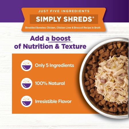 WELLNESS BOWL BOOSTERS SIMPLY SHREDS WET DOG FOOD TOPPER FOR SMALL, MEDIUM, & LARGE BREEDS, GRAIN FREE, NATURAL, CHICKEN LIVER & BROCCOLI, 2.8 OUNCE POUCH (PACK OF 12)